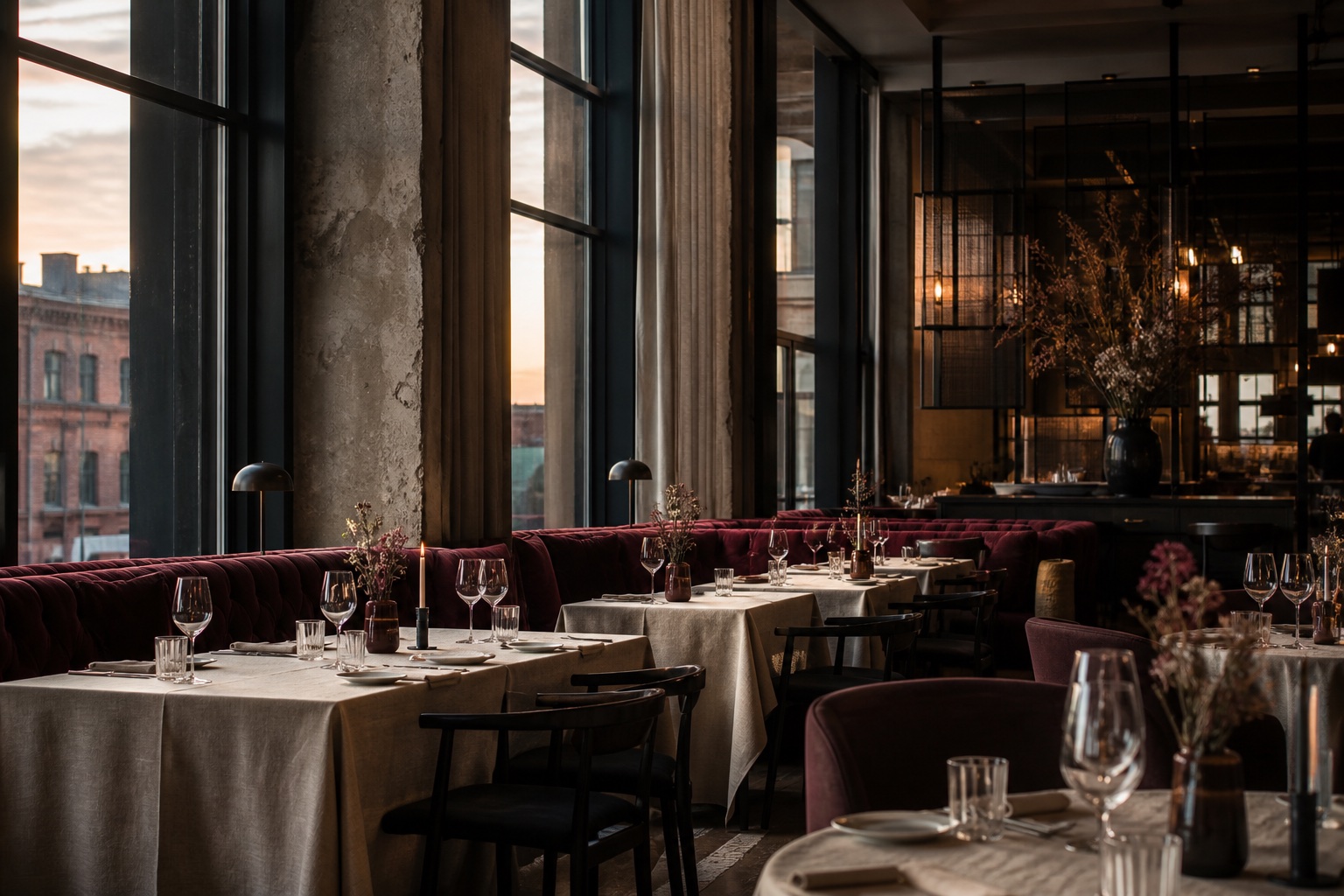 Sala restauracyjna z lnianymi obrusami i bordowymi siedziskami